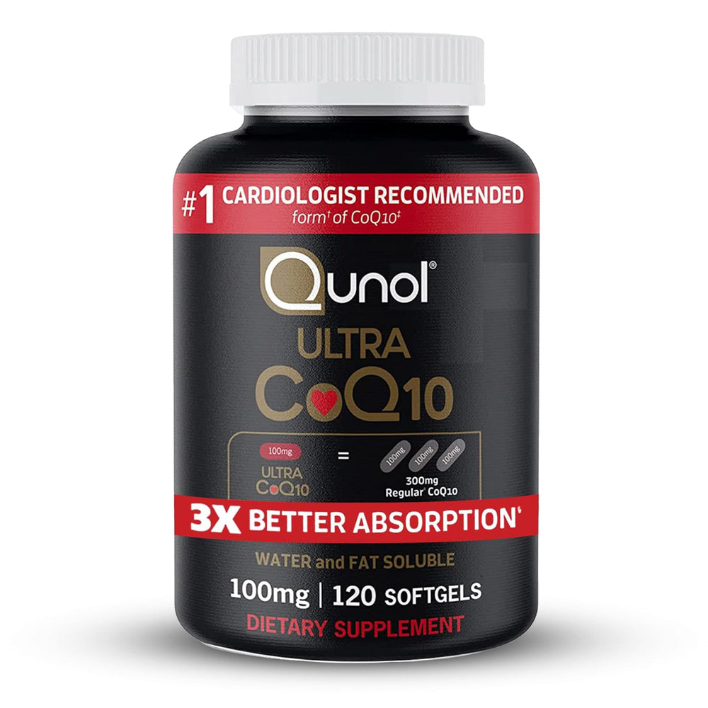 Qunol Ultra CoQ10 bottle front shows 120 softgels for daily energy support