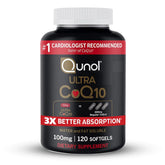 Qunol Ultra CoQ10 bottle front shows 120 softgels for daily energy support