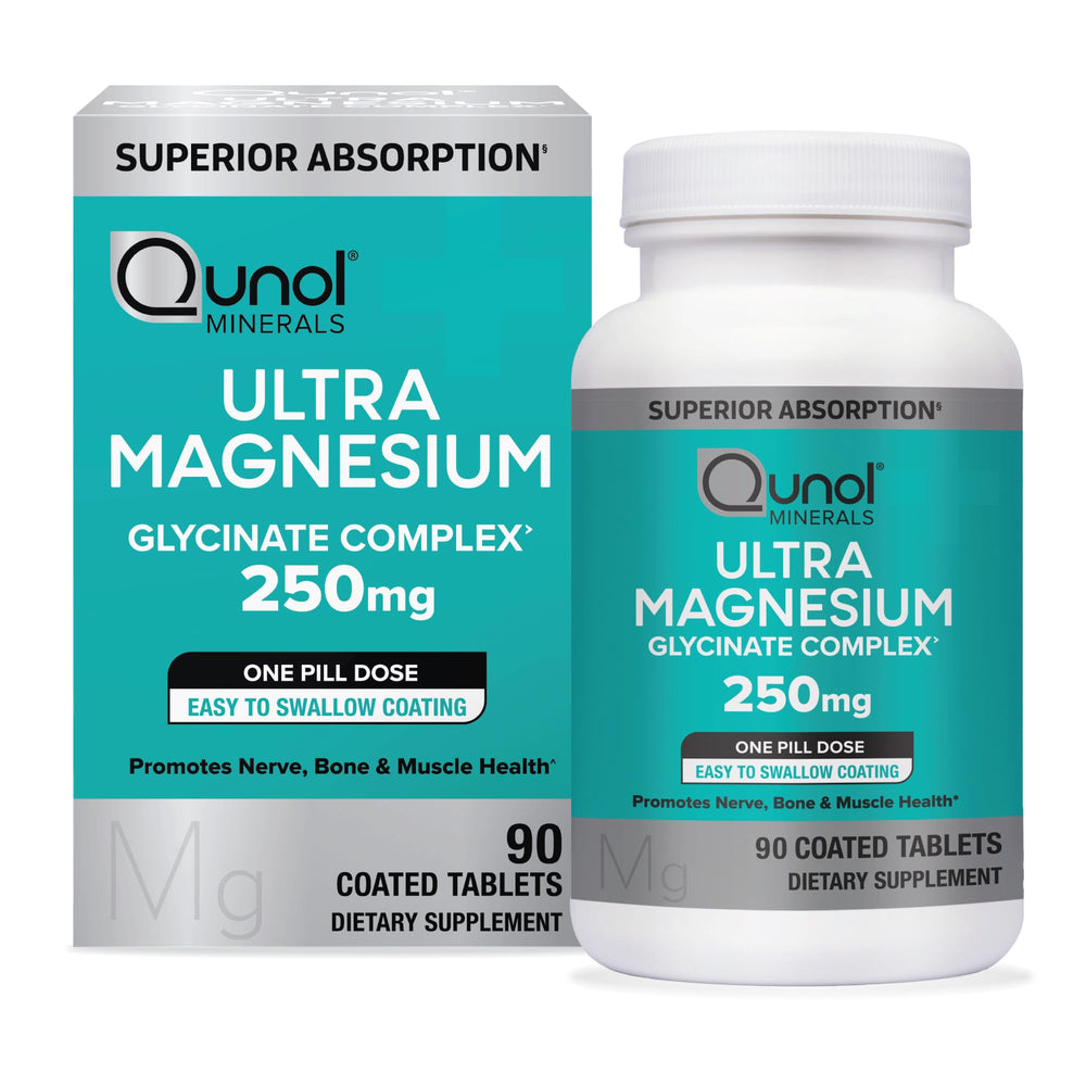 Qunol Ultra Magnesium Glycinate Complex bottle shows capsules with high absorption potential.