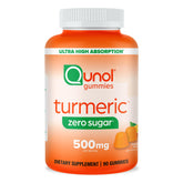 Qunol zero sugar turmeric gummies bottle shown for convenient daily use and joint support.