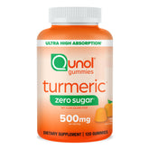 Qunol Zero Sugar Turmeric Gummies bottle showing tangy flavor for joint comfort.
