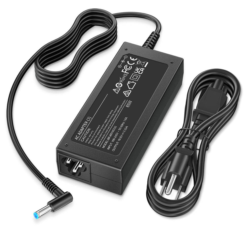 QXA HP blue-tip charger for 65W devices, reliable power on the go.
