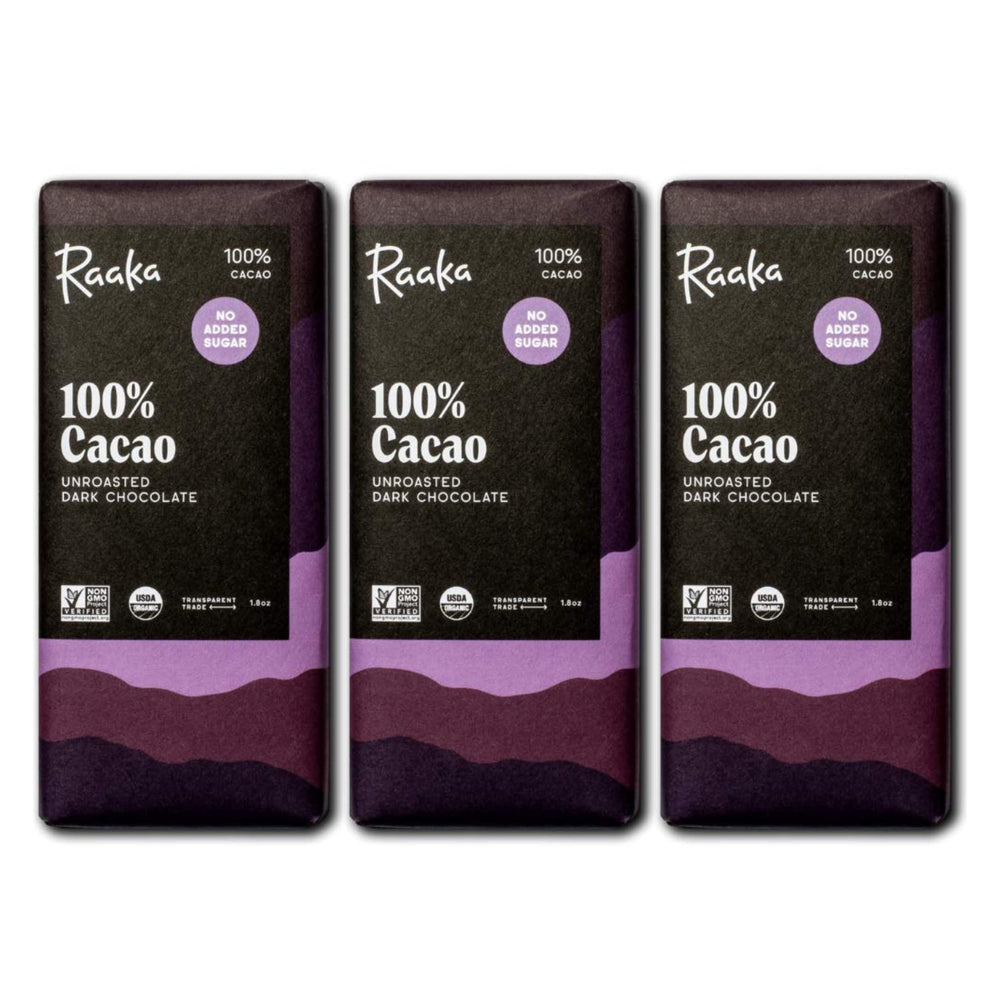 Raaka 100% chocolate bar close-up reveals rich bitterness and pure cacao flavor, ideal for keto snacks.
