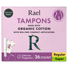 Rael compact applicator tampon with organic cotton core for easy insertion and comfort.