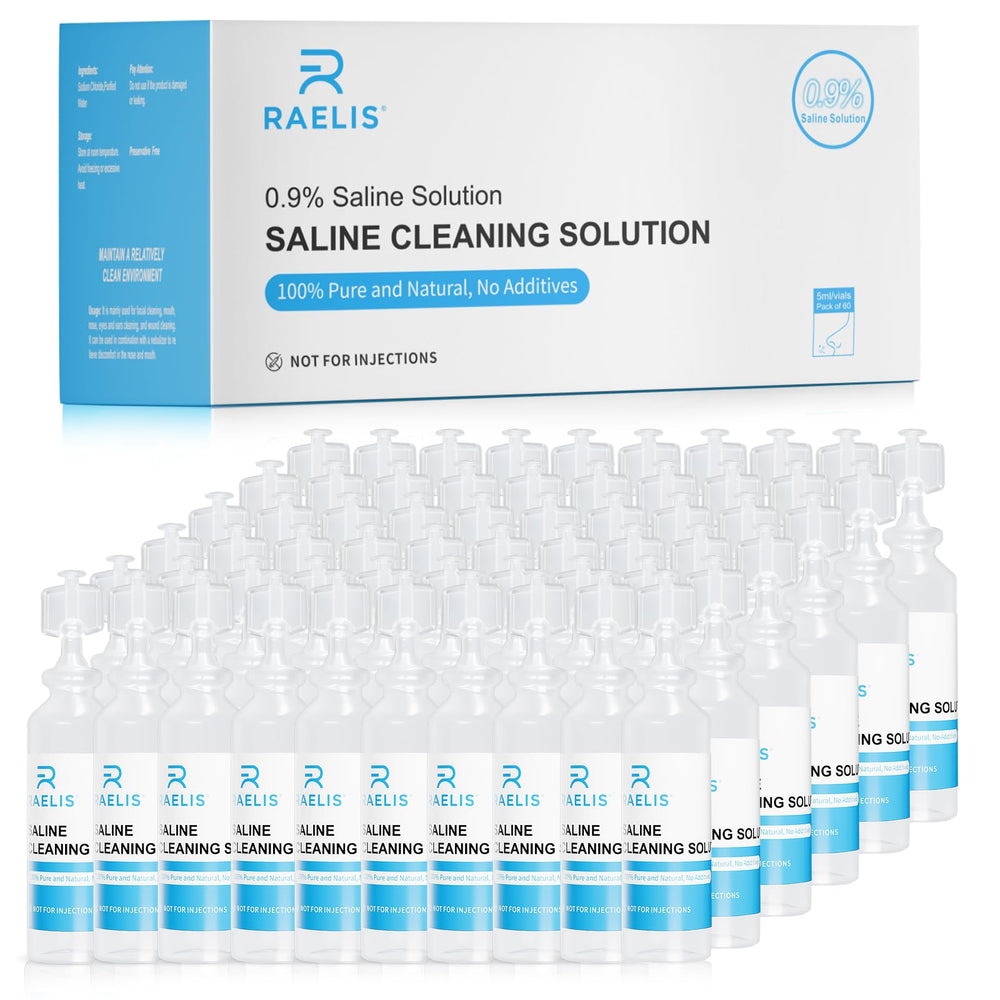 RAELIS saline solution box front showing bulk pack for household use