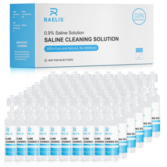 RAELIS saline solution box front showing bulk pack for household use