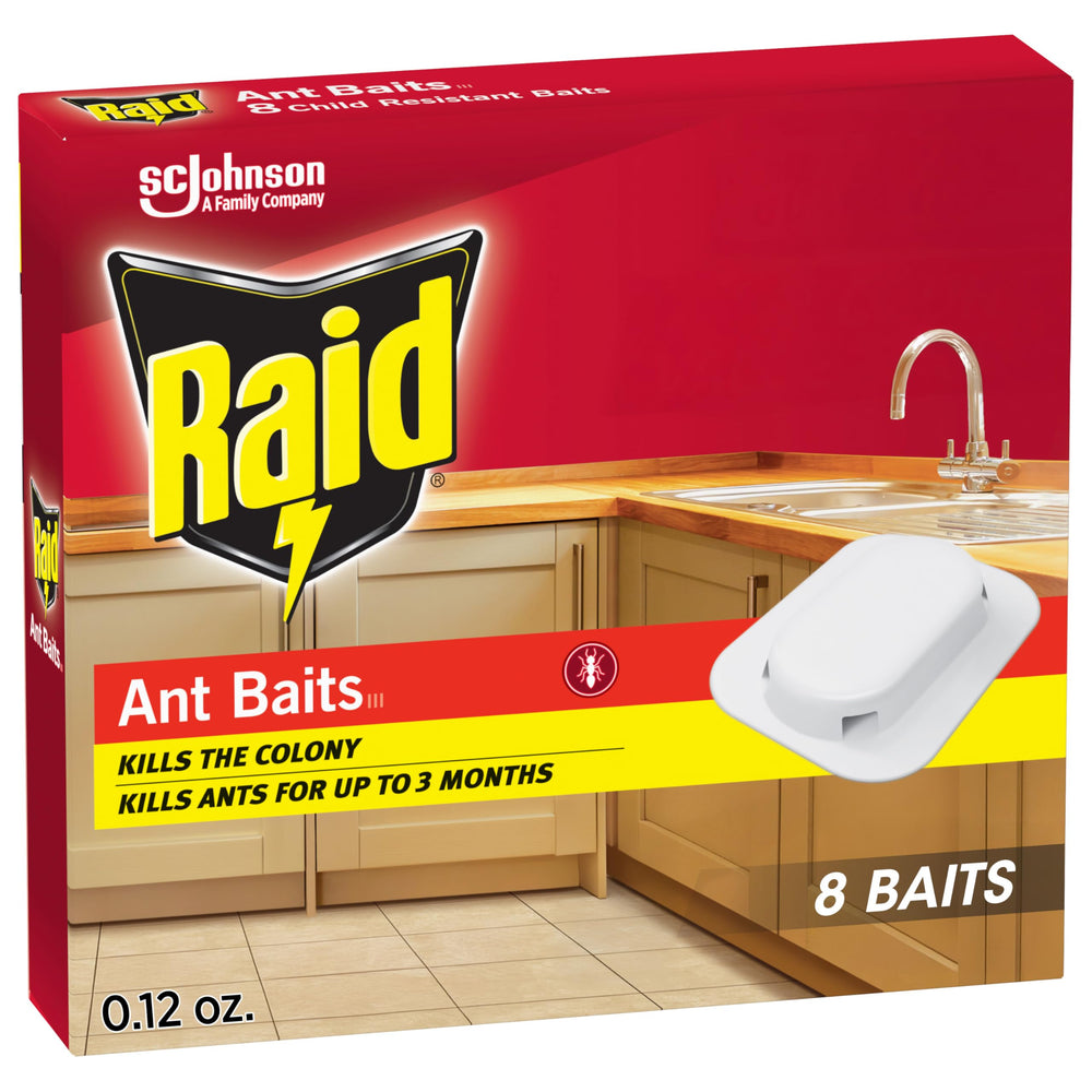 Raid Ant Killer Baits package with eight traps for indoor ant control.
