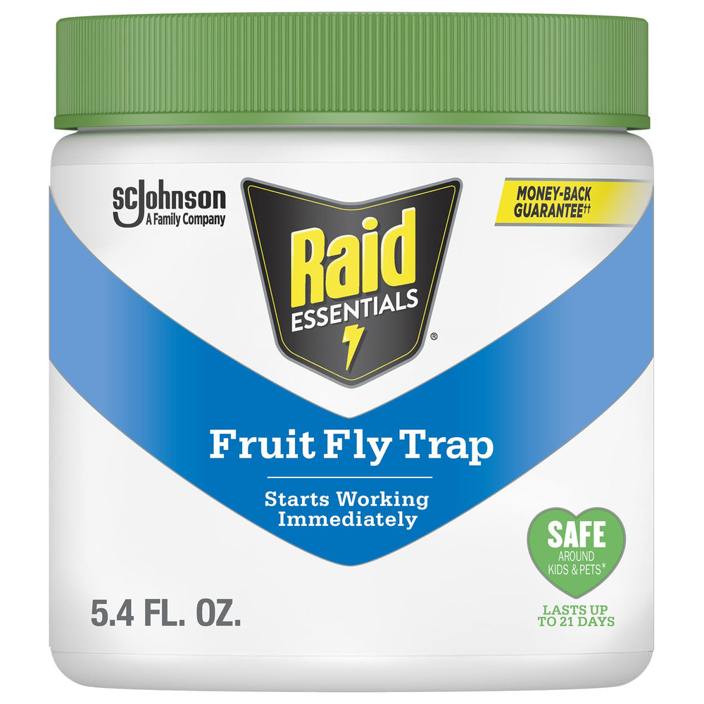 Raid Essentials Fruit Fly Trap close-up, safe around kids and pets.