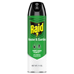 Raid House and Garden spray bottle front view showing easy on contact bug control.
