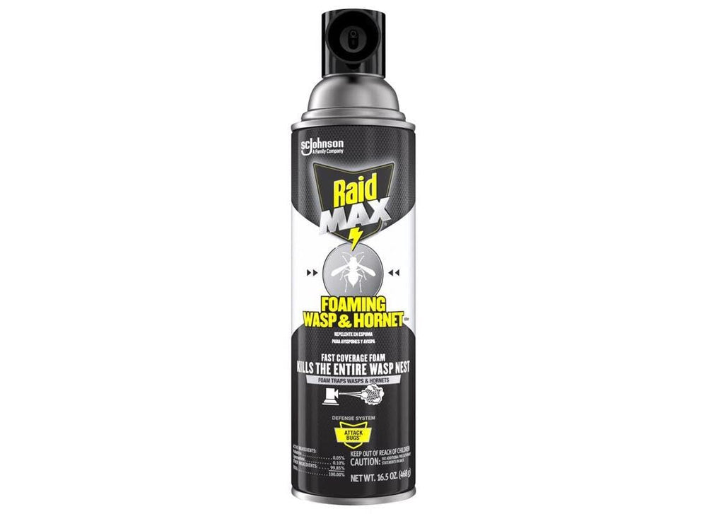 Raid Max foaming wasp killer foam covers a nest for fast outdoor control.