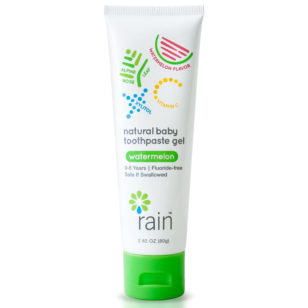 Rain Natural Baby Toothpaste Watermelon Tube showing fluoride-free formula safe to swallow.