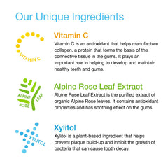 Rain ingredients Vitamin C, Xylitol, Alpine Rose — natural anti-plaque support for little teeth.