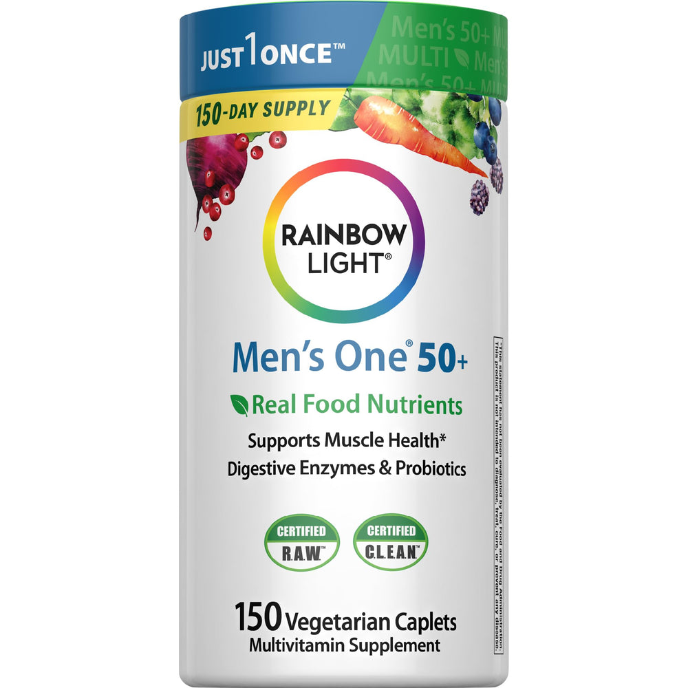 Rainbow Light Men's One 50+ caplet close-up for daily immune support.