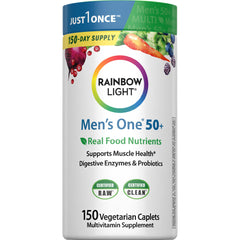 Rainbow Light Men's One 50+ caplet close-up for daily immune support.