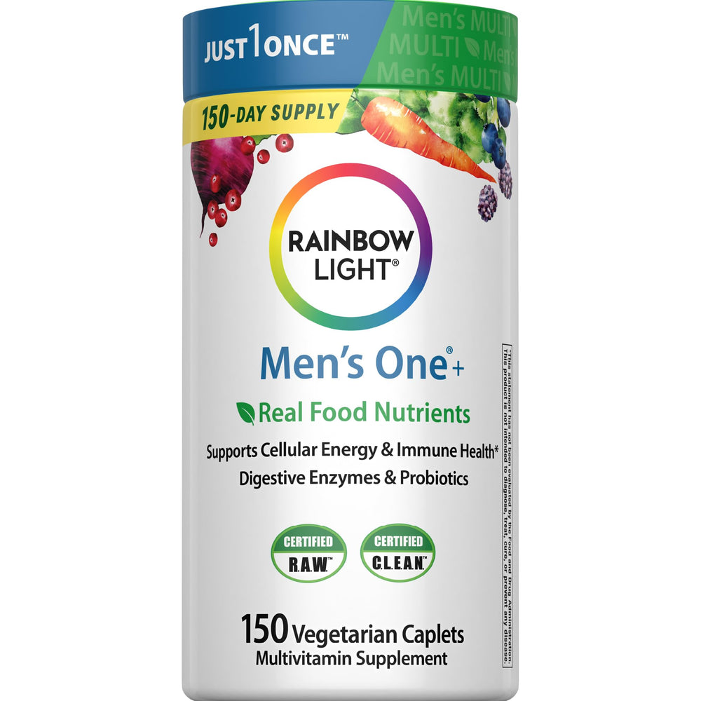 Rainbow Light Men's One+ bottle front showing daily energy and wellness.