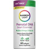 Rainbow Light Prenatal DHA bottle with softgels supports mom's daily omega-3 intake