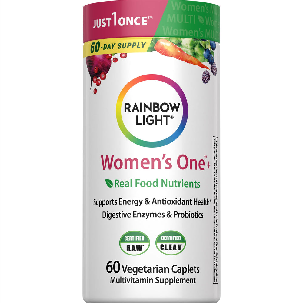 Rainbow Light Womens Multivitamin One + bottle front shows real food nutrients for daily energy