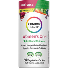 Rainbow Light Womens Multivitamin One + bottle front shows real food nutrients for daily energy