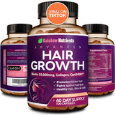 Rainbow Nutrients Hair Growth bottle closeup with premium capsules for daily beauty support