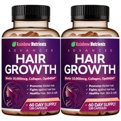 Rainbow Nutrients Hair Growth bottle front displays the product for ongoing hair support.