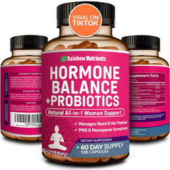 Rainbow Nutrients Hormone Balance + Probiotics bottle showing 60-day supply for hormone comfort