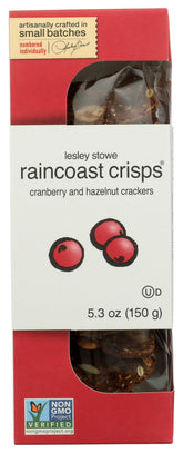 Raincoast Crisps Cranberry Hazelnut crisp in a resealable bag for fresh-snack versatility.