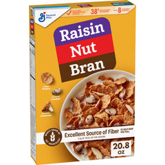Raisin Nut Bran cereal flakes in a bowl for a fiber-rich breakfast.
