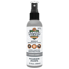 Ranger Ready Picaridin spray bottle shows non-greasy, odorless protection for outdoor activities.