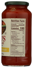 Close-up of Rao's Lemon Marinara sauce jar pouring over pasta for quick meals.