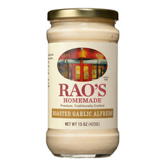 Rao's Homemade Roasted Garlic Alfredo Sauce bottle with rich flavor for pasta
