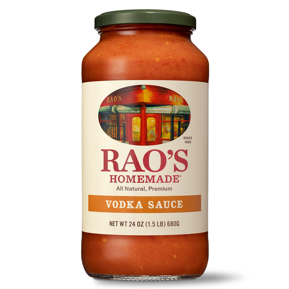 Rao's Homemade Vodka Sauce jar on shelf highlights premium ingredients