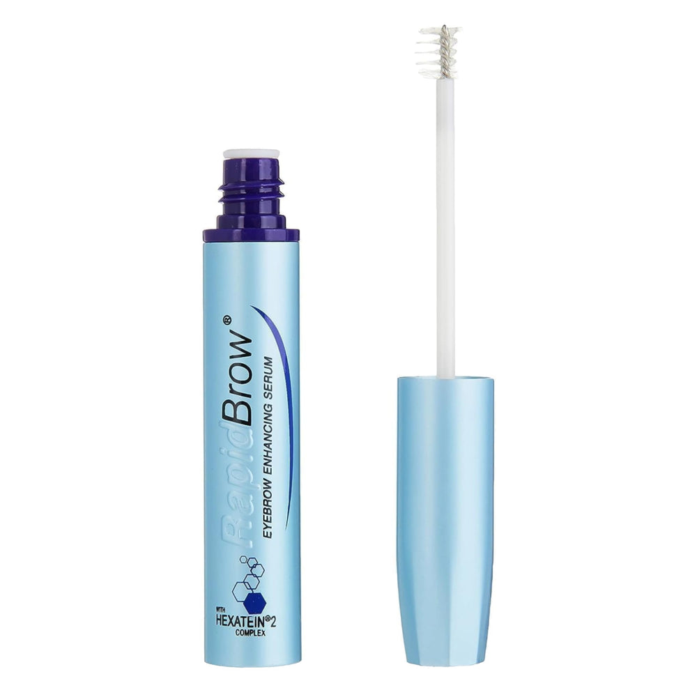 RapidBrow eyebrow serum bottle shows a hydrating formula for daily brow care.