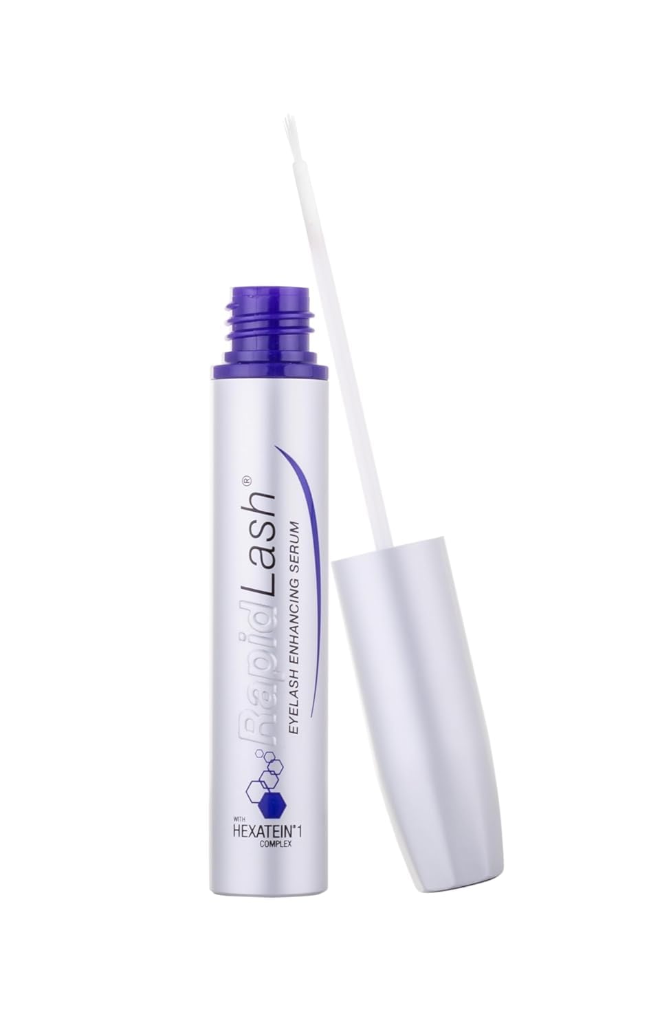 RapidLash eyelash serum bottle closeup showing sleek packaging and clear branding.