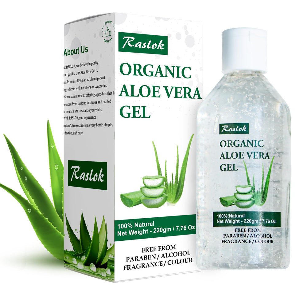 Raslok Aloe Vera Gel bottle pour showing hydration for skin and hair.