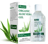 Raslok Aloe Vera Gel bottle pour showing hydration for skin and hair.