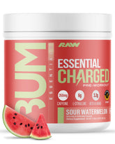 RAW Charged Sour Watermelon bottle front for focused workouts and steady energy.