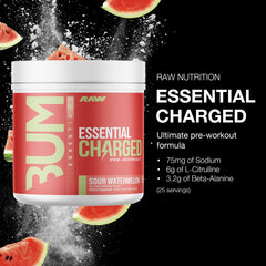RAW Charged Sour Watermelon scoop dispensing for quick pre-workout servings.