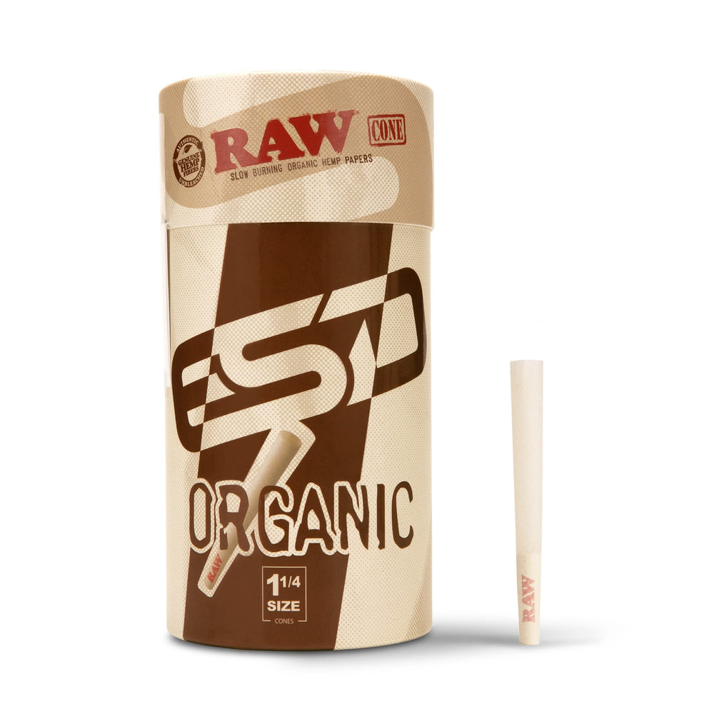 RAW Organic 1-1/4 cone packaging container for organized, travel-friendly use.
