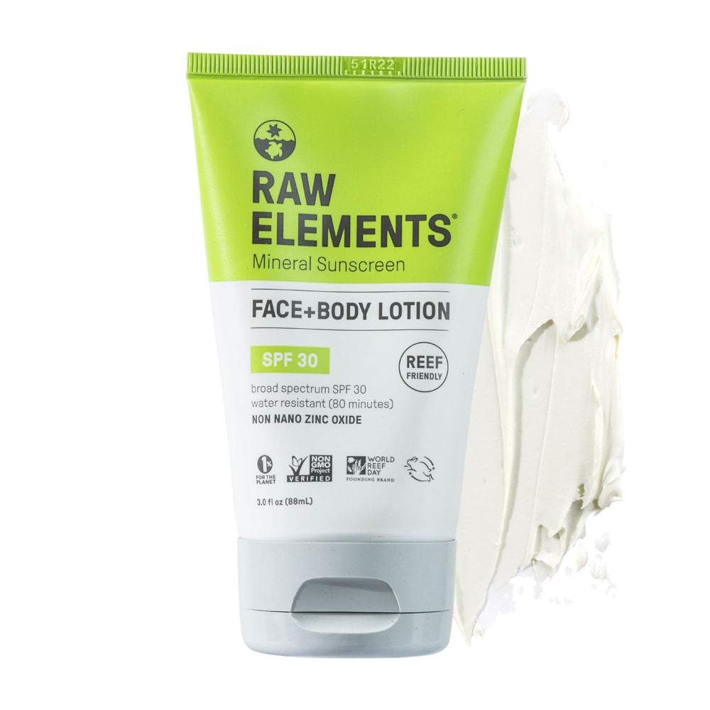 Raw Elements SPF 30 sunscreen tube front view for reef-safe daily protection.