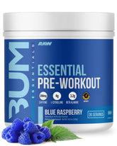 RAW Essential Pre Blue Raz bottle fuels focused workouts with clean energy