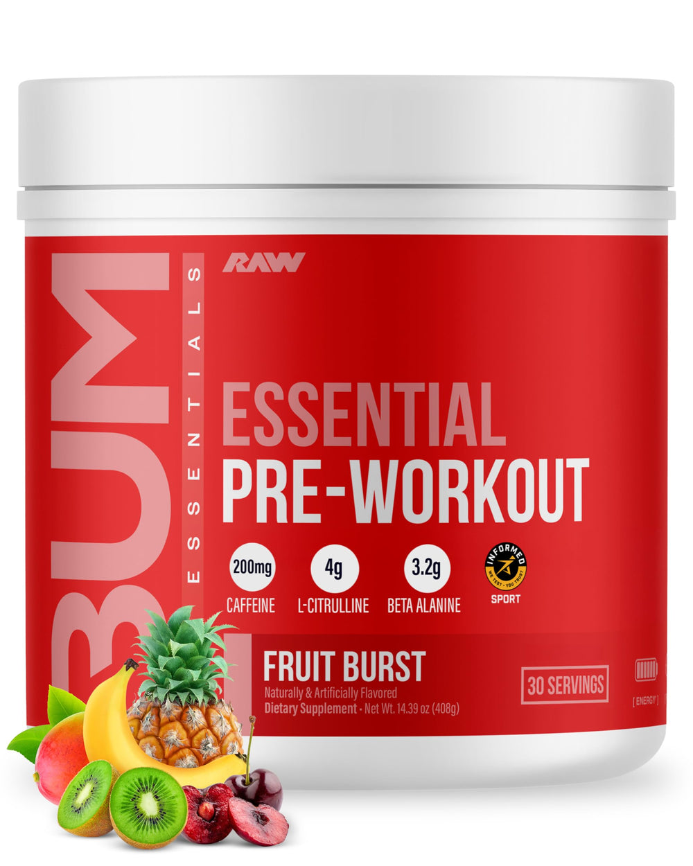 RAW Essential Pre-Workout Fruit Burst tub powering workouts with clean energy.
