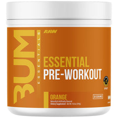 RAW Essential Pre-Workout Orange powder being poured for an energizing gym session.