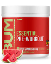 RAW Essential Pre-Workout Sour Watermelon bottle promotes sustained energy for workouts.