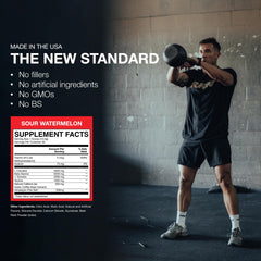RAW Essential Pre-Workout Sour Watermelon ingredients panel highlights transparent blend.