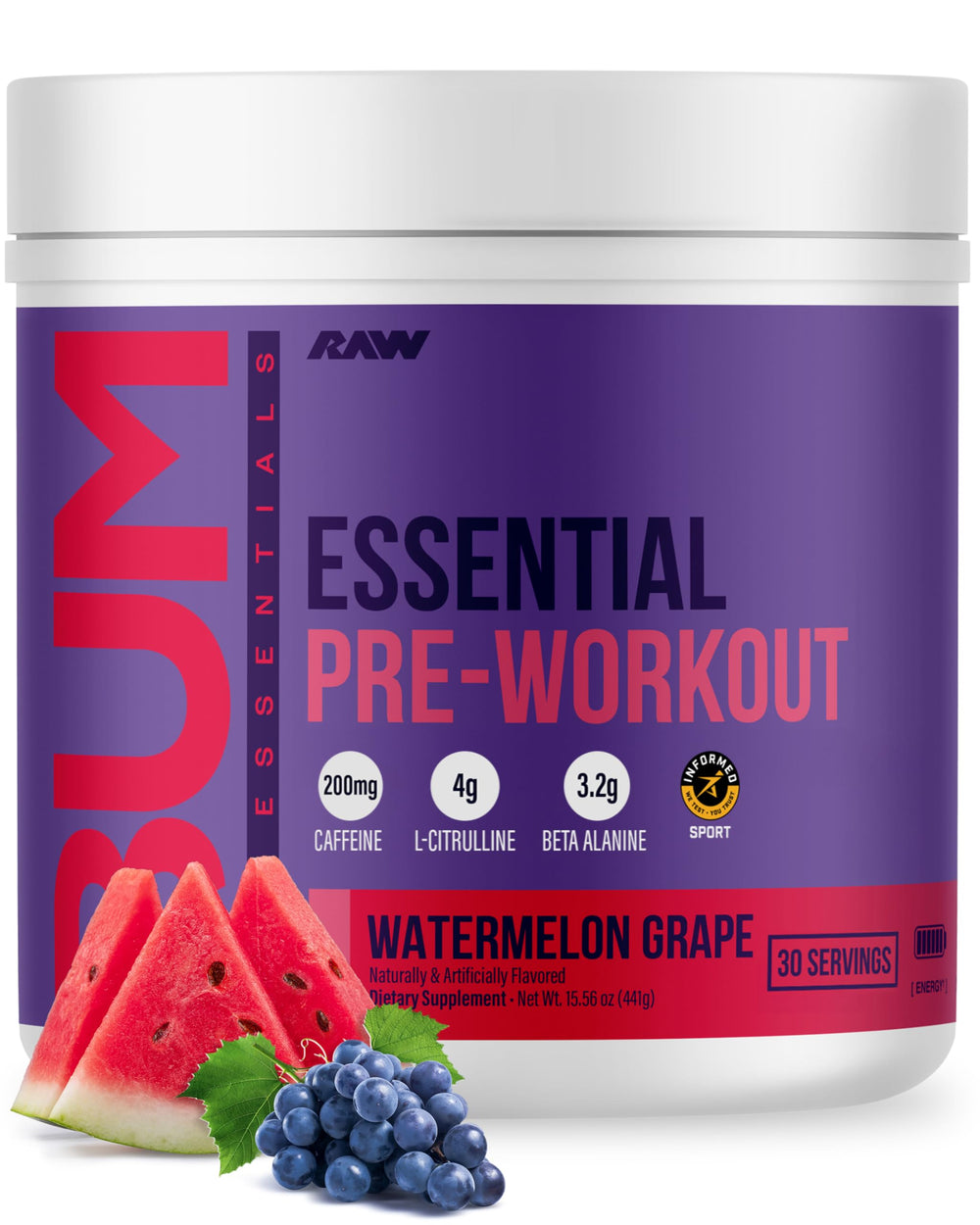RAW Essential Pre-Workout Watermelon Grape tub boosts pumps and focus during intense sessions.
