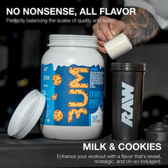 RAW Itholate protein powder scoop mid‑pour supporting lean muscle goals.