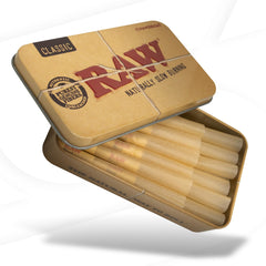 RAW Mini Dogwalker tin packaging keeps cones secure for on-the-go use.