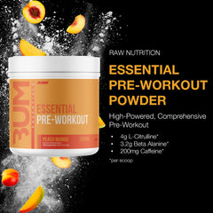 RAW Nutrition Essential Pre Peach Mango ingredients panel highlights L-Citrulline and caffeine blend.