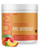 RAW Nutrition Essential Pre Peach Mango tub front fuels workouts with clean energy.