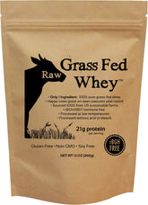 Raw Organic Whey 1-Ingredient label showing purity from grass-fed cows for clean protein.